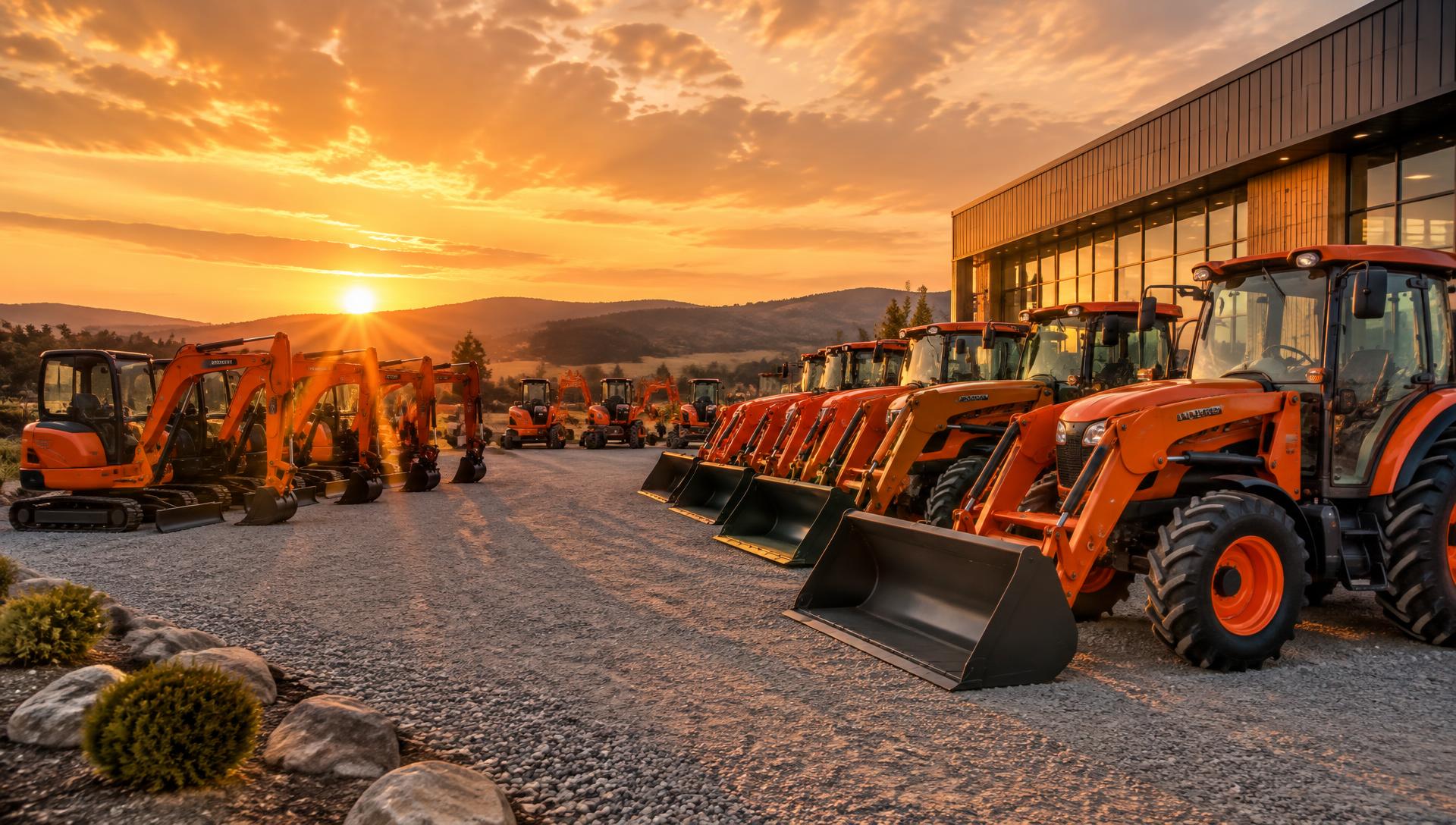 Orange tractors and excavators at a dealership at sunset